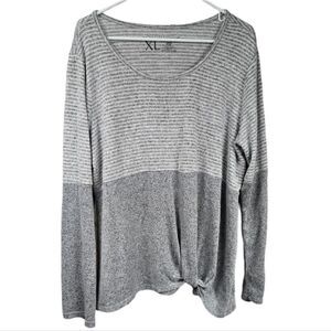 Signature Studio XL Super Soft Gray Stripe Twist Front Knit Long Sleeve Top Cozy